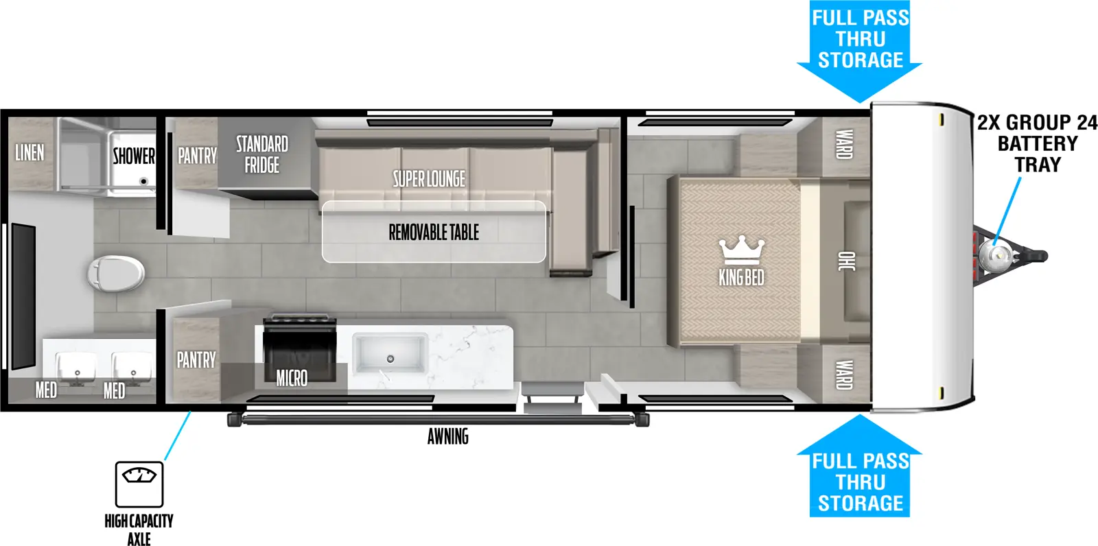 The Wildwood FSX 233RBLE has one entry and zero slide outs. Exterior features include: metal or fiberglass exterior. Interiors features include: front bedroom and rear bathroom.